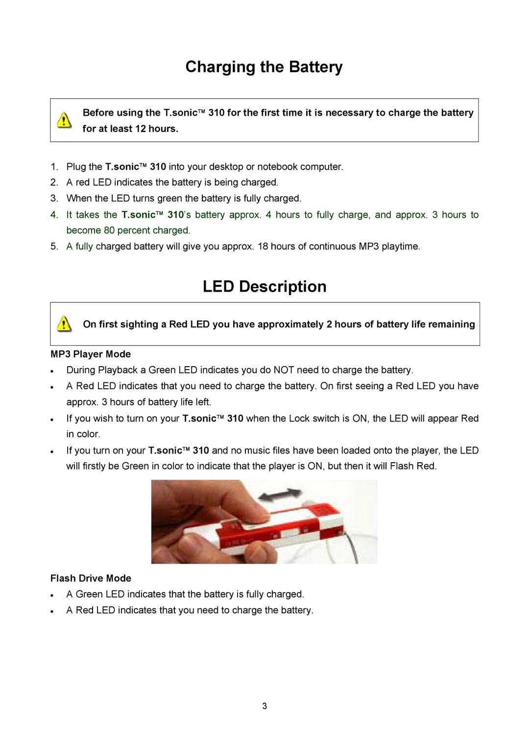 Transcend Information T sonic 310 user manual Charging the Battery, LED Description 