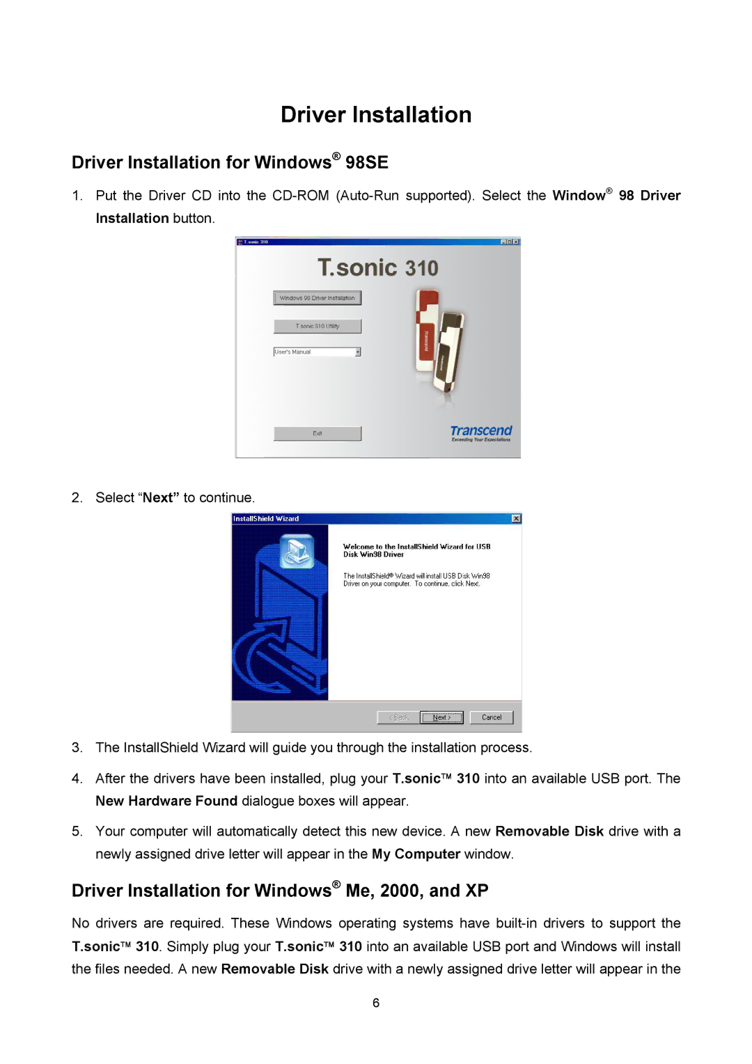 Transcend Information T sonic 310 user manual Driver Installation for Windows 98SE 