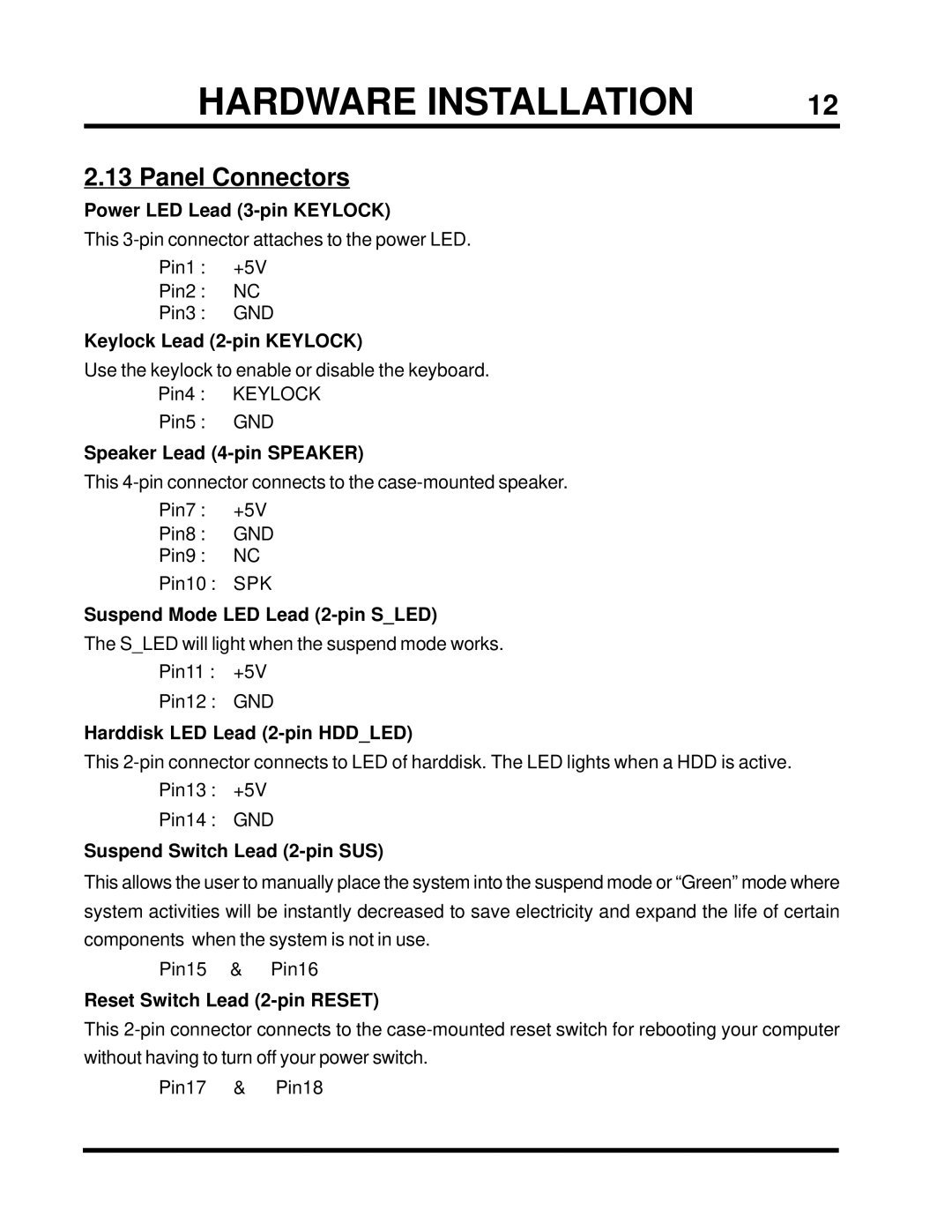 Transcend Information TS-ABX31 user manual Panel Connectors, Speaker Lead 4-pin Speaker 