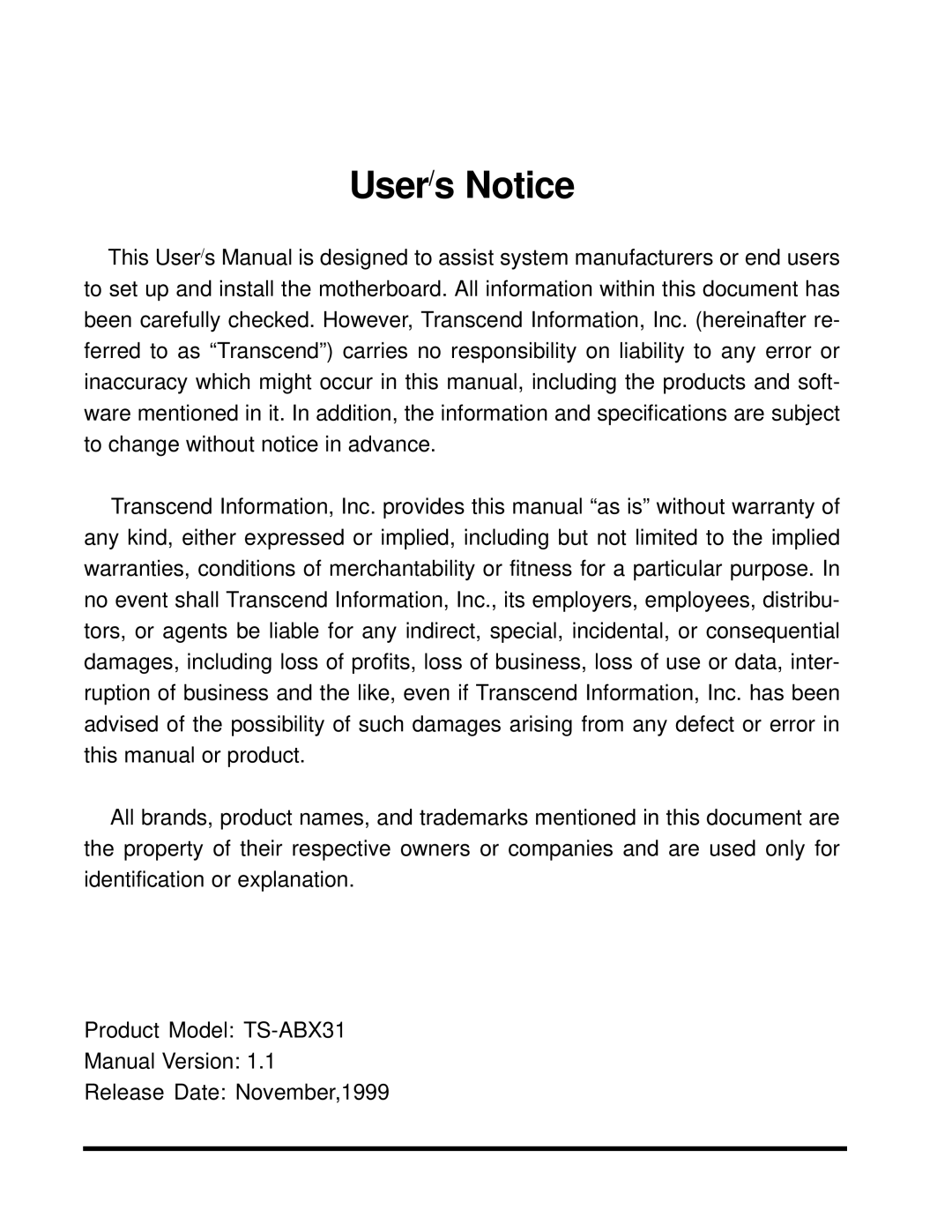 Transcend Information TS-ABX31 user manual User/s Notice 