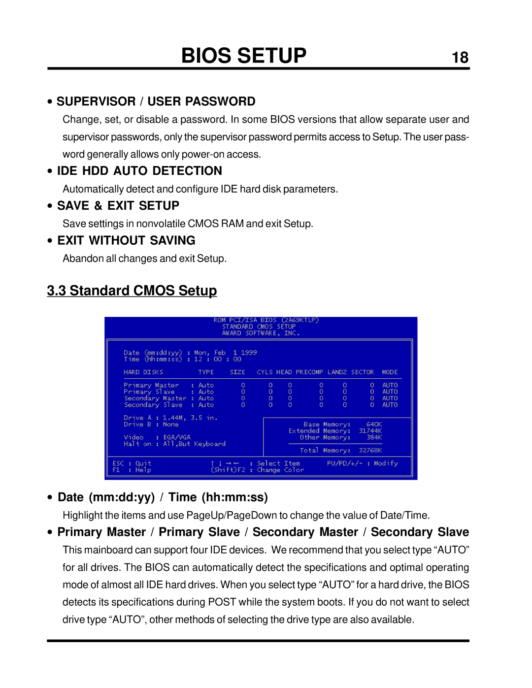 Transcend Information TS-ABX31 Standard Cmos Setup, Supervisor / User Password, IDE HDD Auto Detection, Save & Exit Setup 