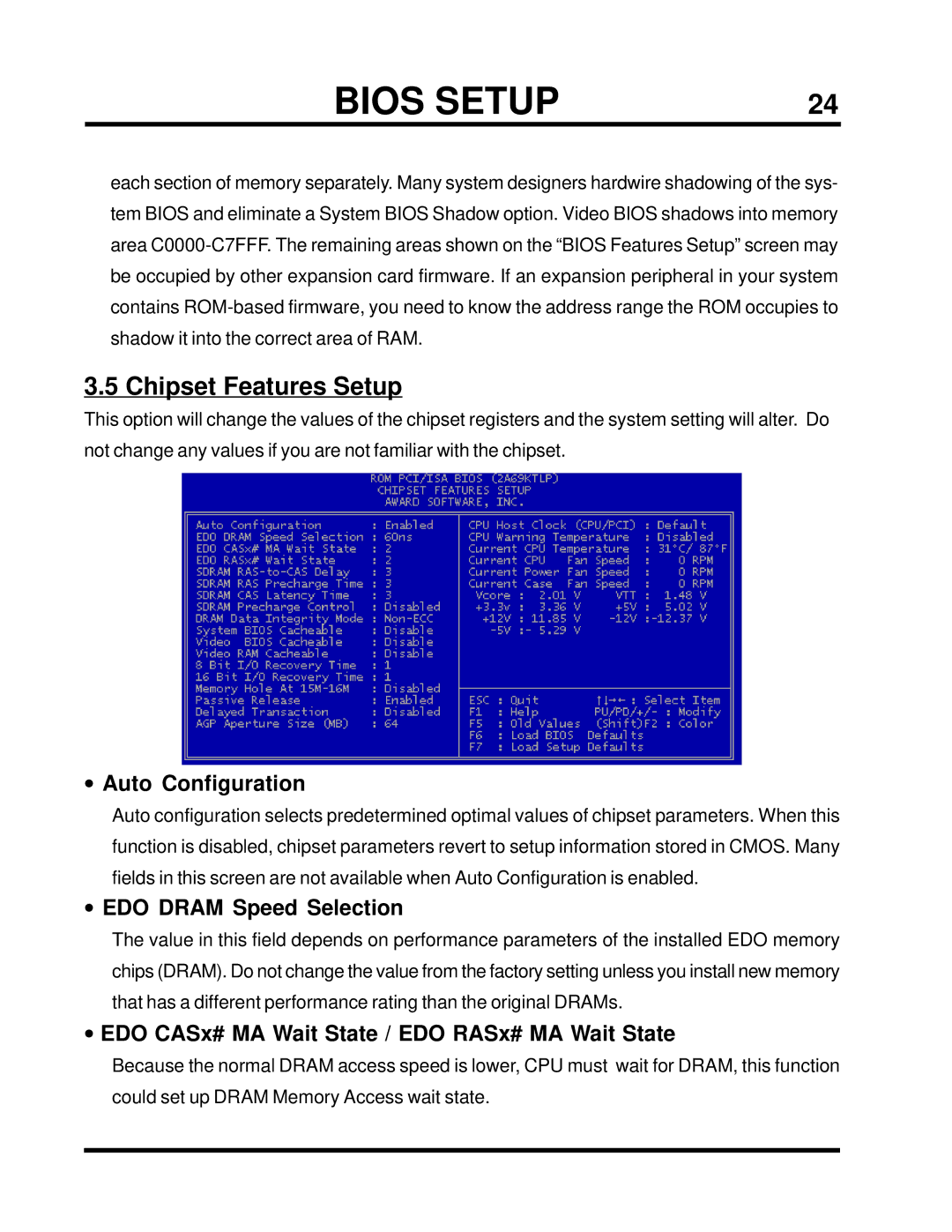 Transcend Information TS-ABX31 user manual Chipset Features Setup, Auto Configuration, EDO Dram Speed Selection 