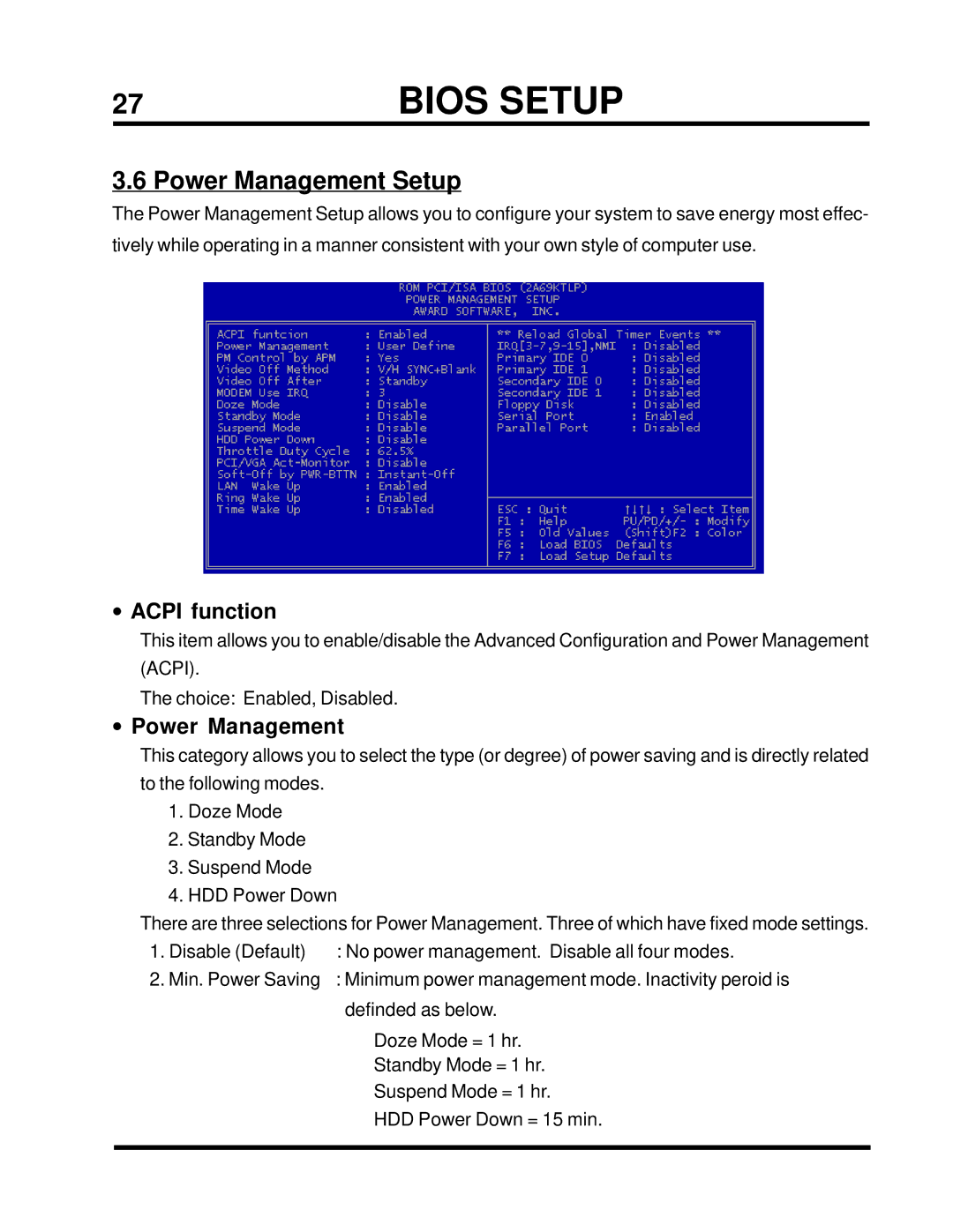 Transcend Information TS-ABX31 user manual Power Management Setup, Acpi function 