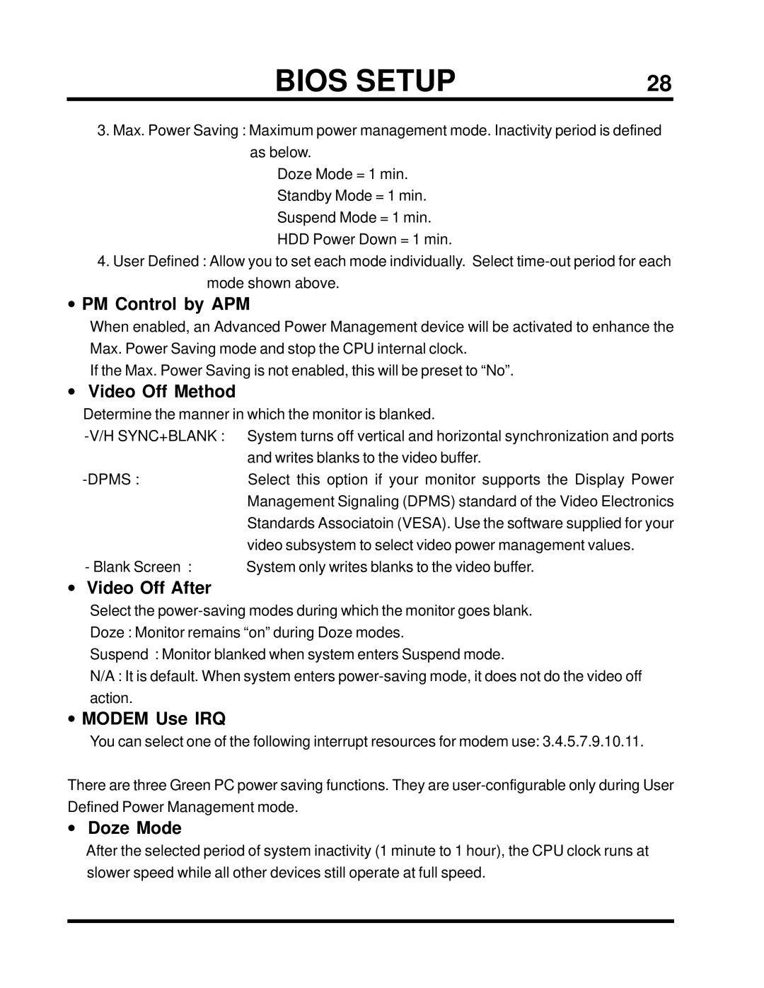 Transcend Information TS-ABX31 user manual PM Control by APM, Video Off Method, Video Off After, Modem Use IRQ, Doze Mode 