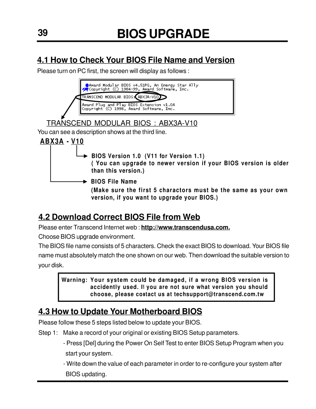 Transcend Information TS-ABX31 user manual Bios Upgrade, How to Check Your Bios File Name and Version, ABX3A 