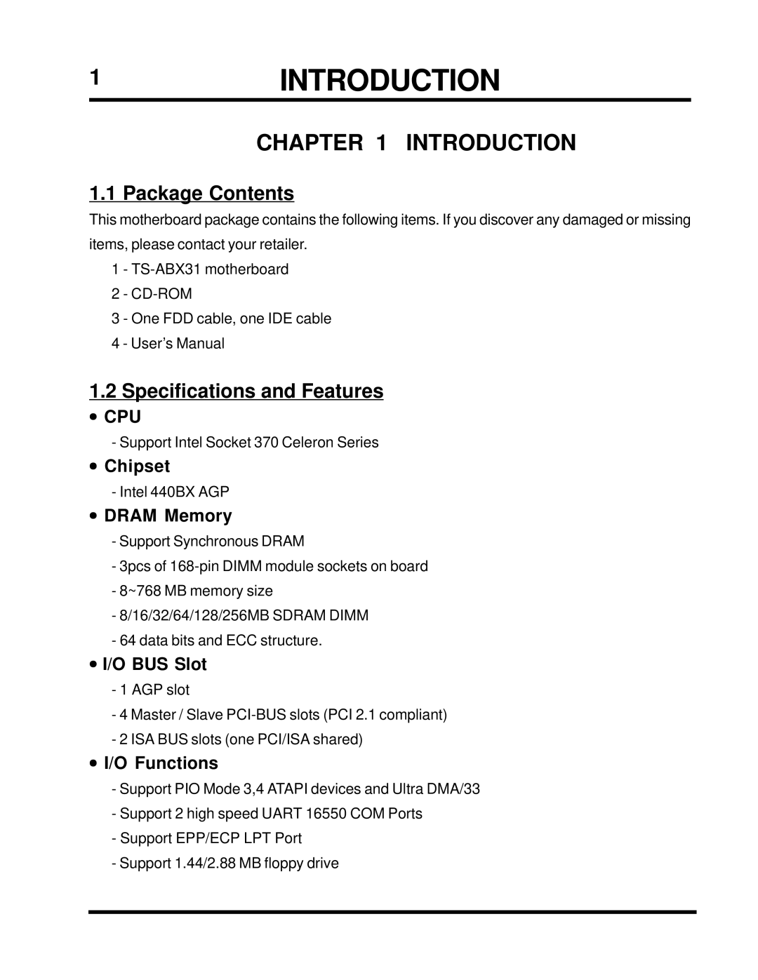 Transcend Information TS-ABX31 user manual 1INTRODUCTION, Package Contents, Specifications and Features 