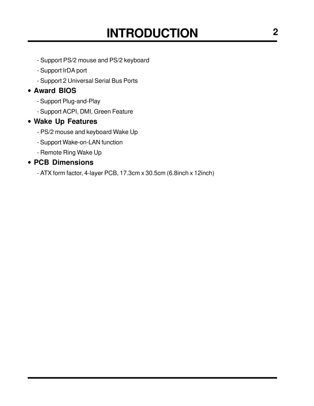 Transcend Information TS-ABX31 user manual INTRODUCTION2, Award Bios, Wake Up Features, PCB Dimensions 