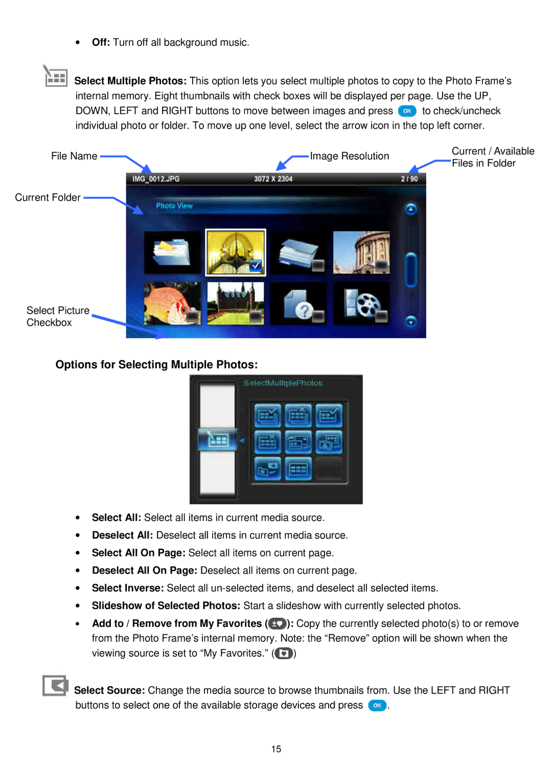 Transcend Information TS-PF700B-J, TS-PF700W-J user manual Options for Selecting Multiple Photos 