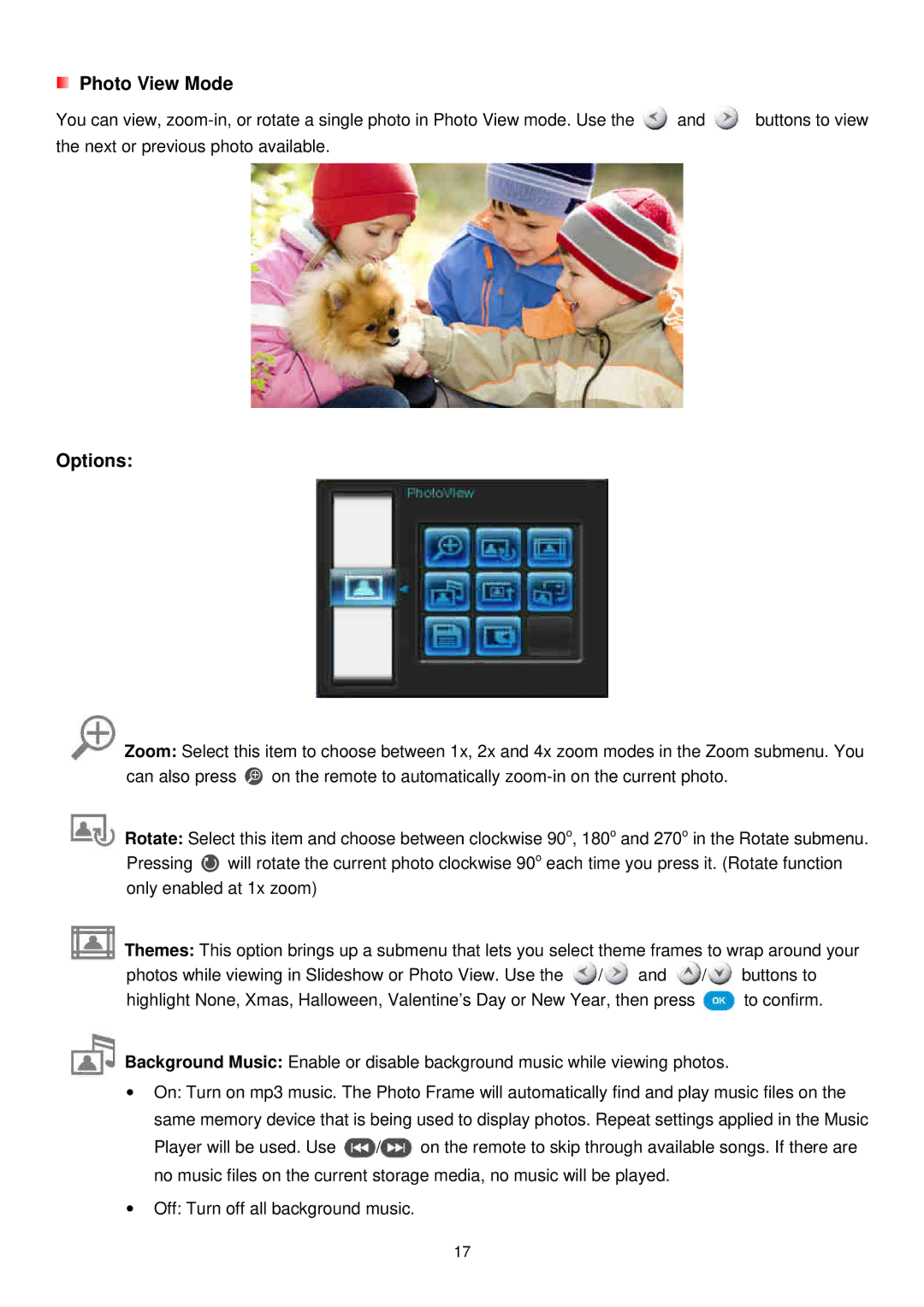 Transcend Information TS-PF700B-J, TS-PF700W-J user manual Photo View Mode, Options 