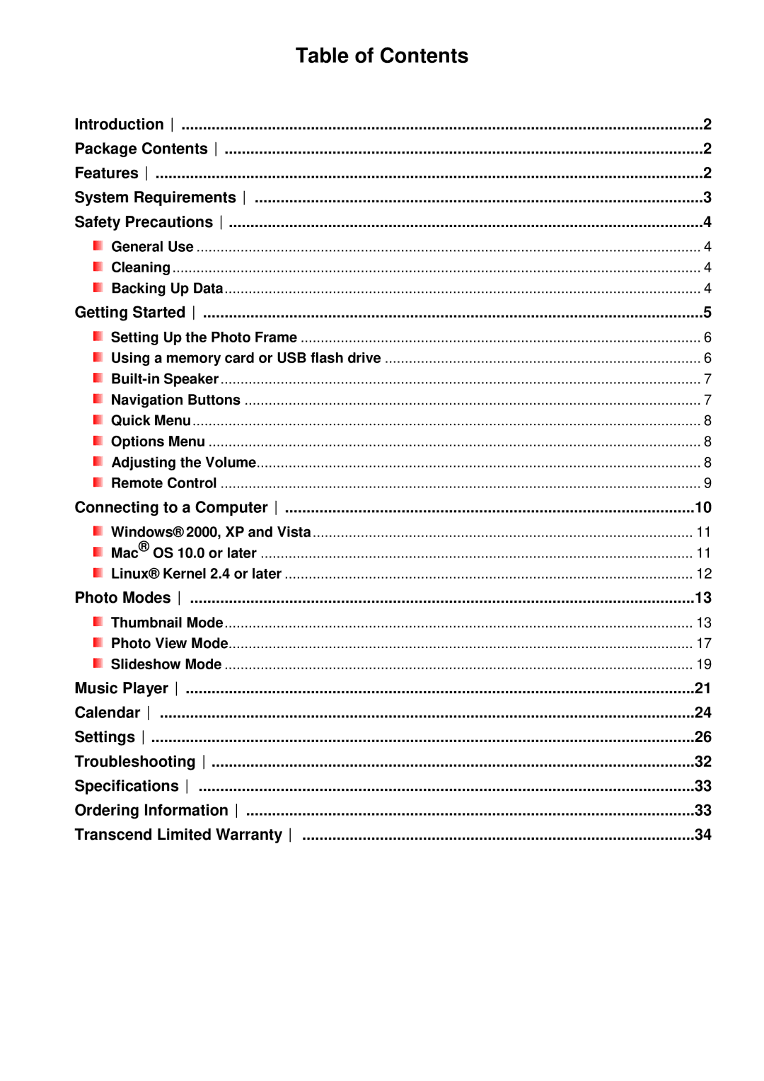 Transcend Information TS-PF700B-J, TS-PF700W-J user manual Table of Contents 