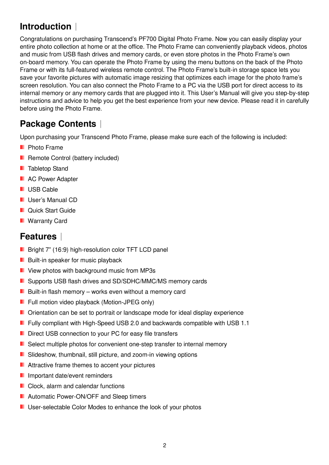 Transcend Information TS-PF700W-J, TS-PF700B-J user manual Introduction︱, Package Contents︱, Features︱ 