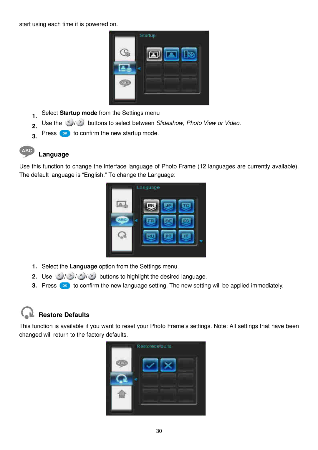 Transcend Information TS-PF700W-J, TS-PF700B-J user manual Language, Restore Defaults 