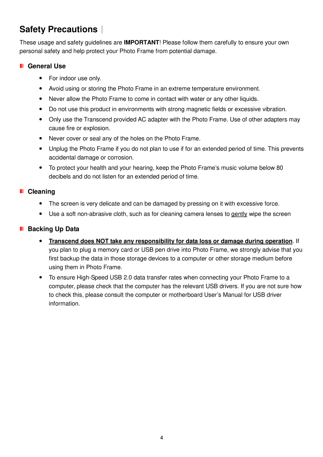 Transcend Information TS-PF700B-J, TS-PF700W-J user manual Safety Precautions︱, General Use, Cleaning, Backing Up Data 