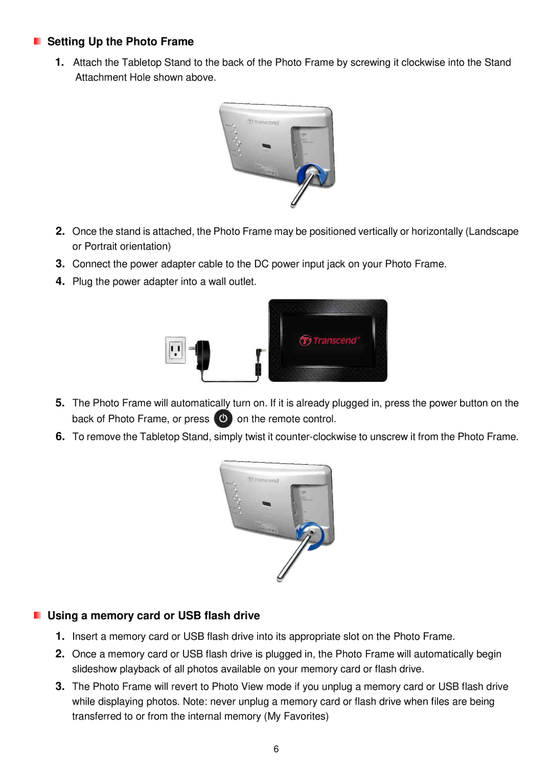 Transcend Information TS-PF700W-J, TS-PF700B-J Setting Up the Photo Frame, Using a memory card or USB flash drive 