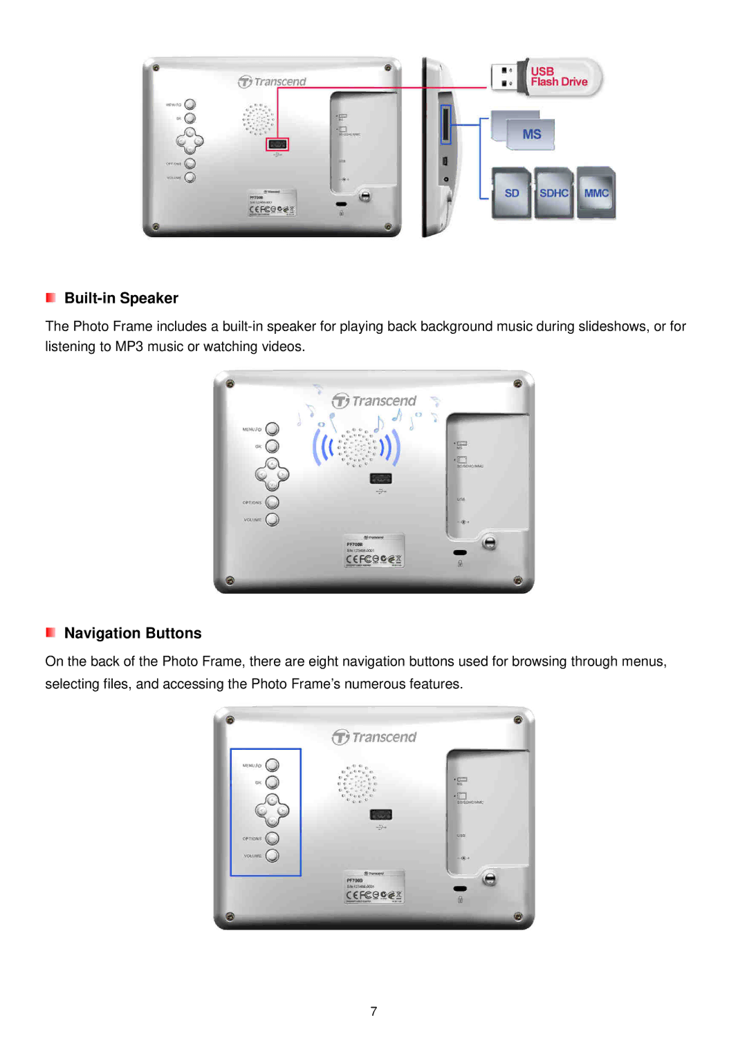 Transcend Information TS-PF700B-J, TS-PF700W-J user manual Built-in Speaker, Navigation Buttons 