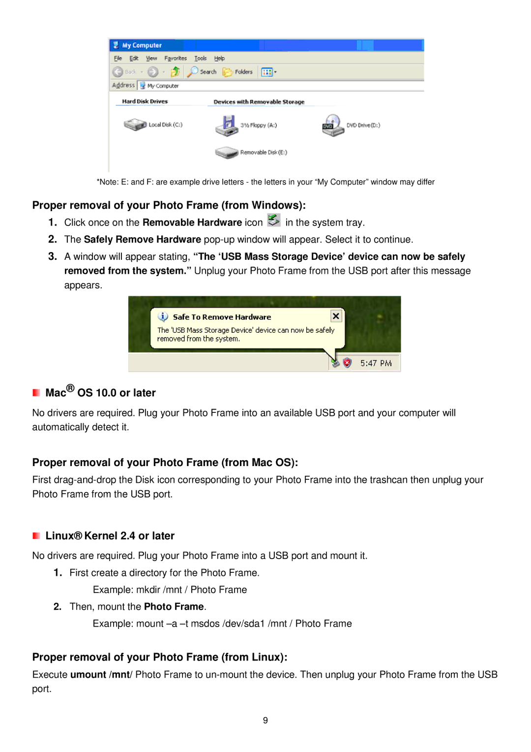 Transcend Information TS-PF705B, TS-PF705W user manual Proper removal of your Photo Frame from Windows, Mac OS 10.0 or later 