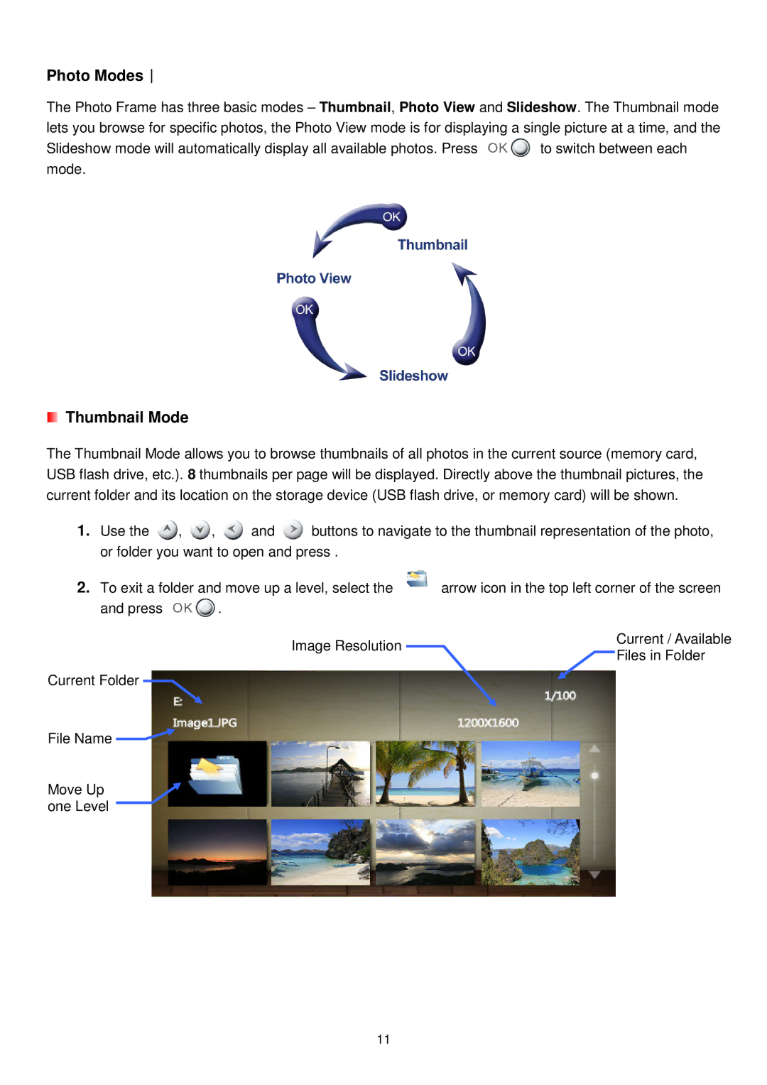 Transcend Information TS-PF705W, TS-PF705B user manual Photo Modes︱, Thumbnail Mode 