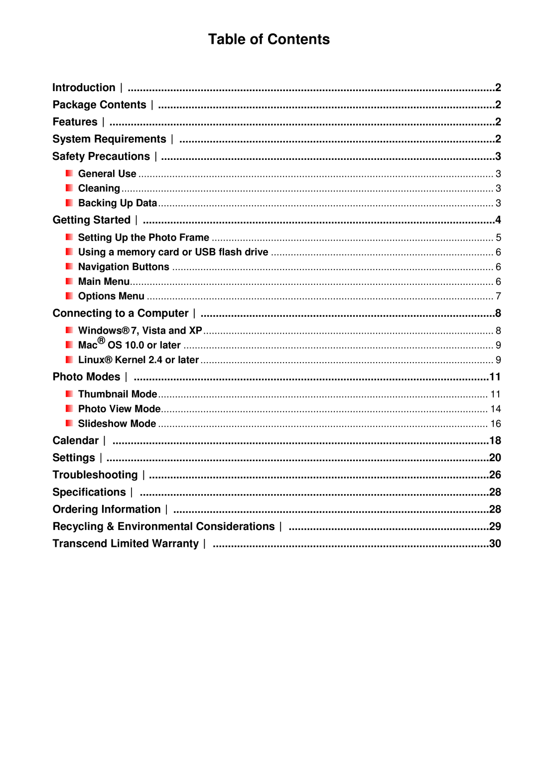 Transcend Information TS-PF705W, TS-PF705B user manual Table of Contents 