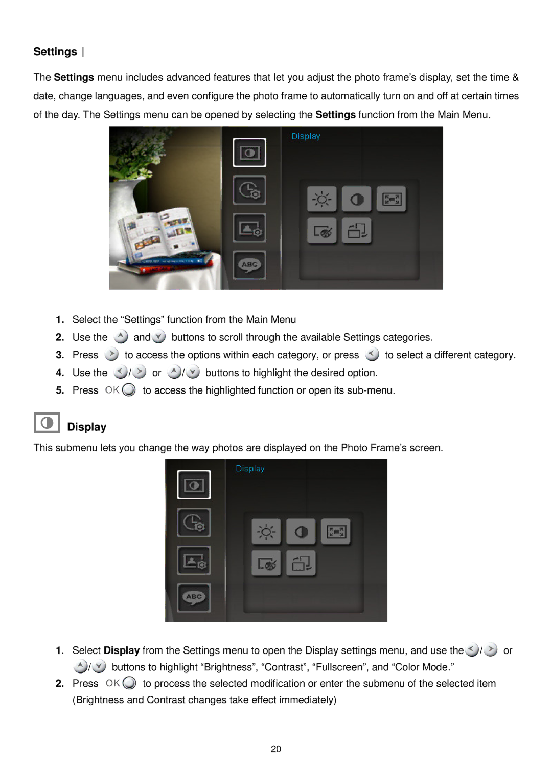 Transcend Information TS-PF705W, TS-PF705B user manual Settings︱, Display 