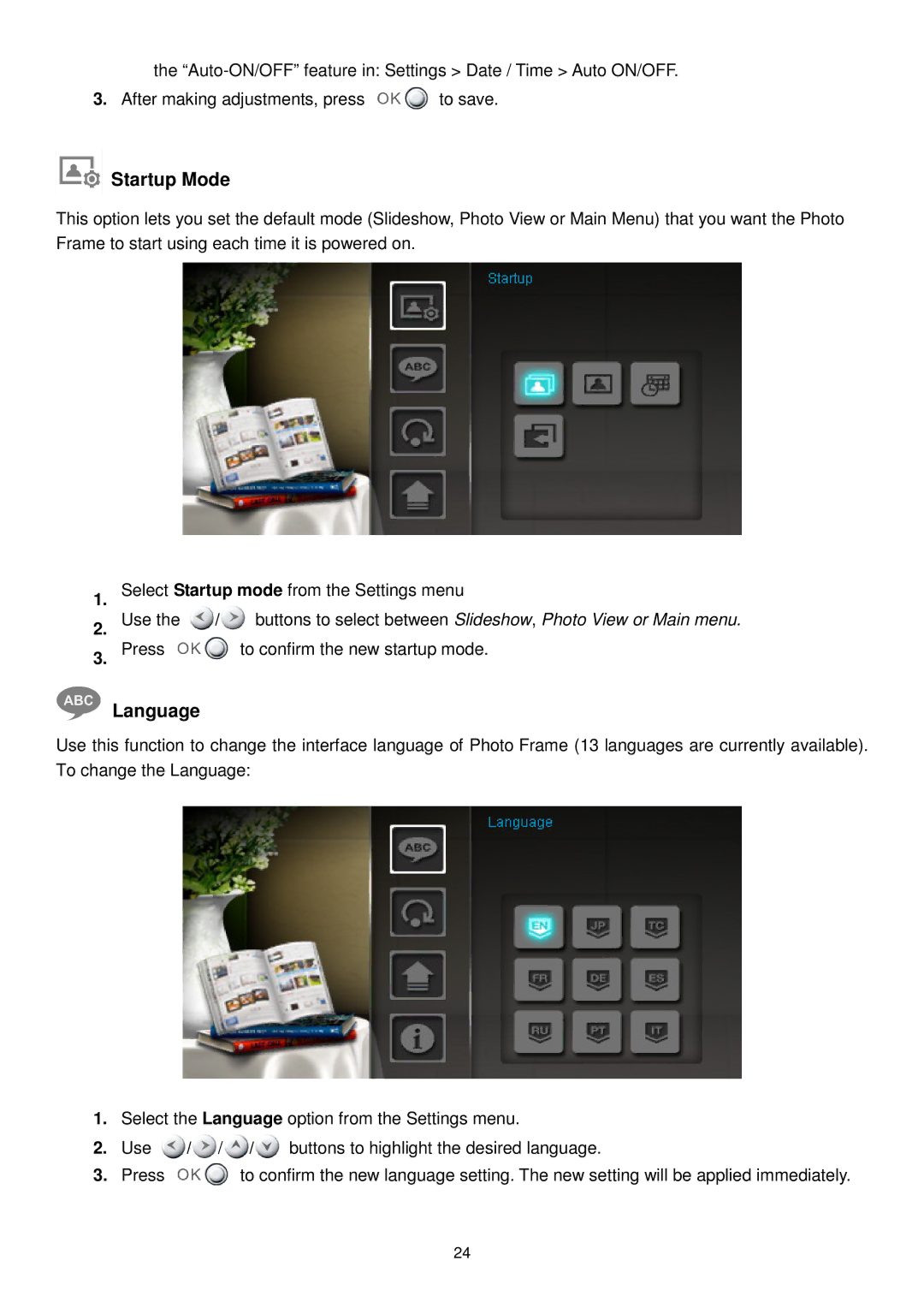 Transcend Information TS-PF705B, TS-PF705W user manual Startup Mode, Language 