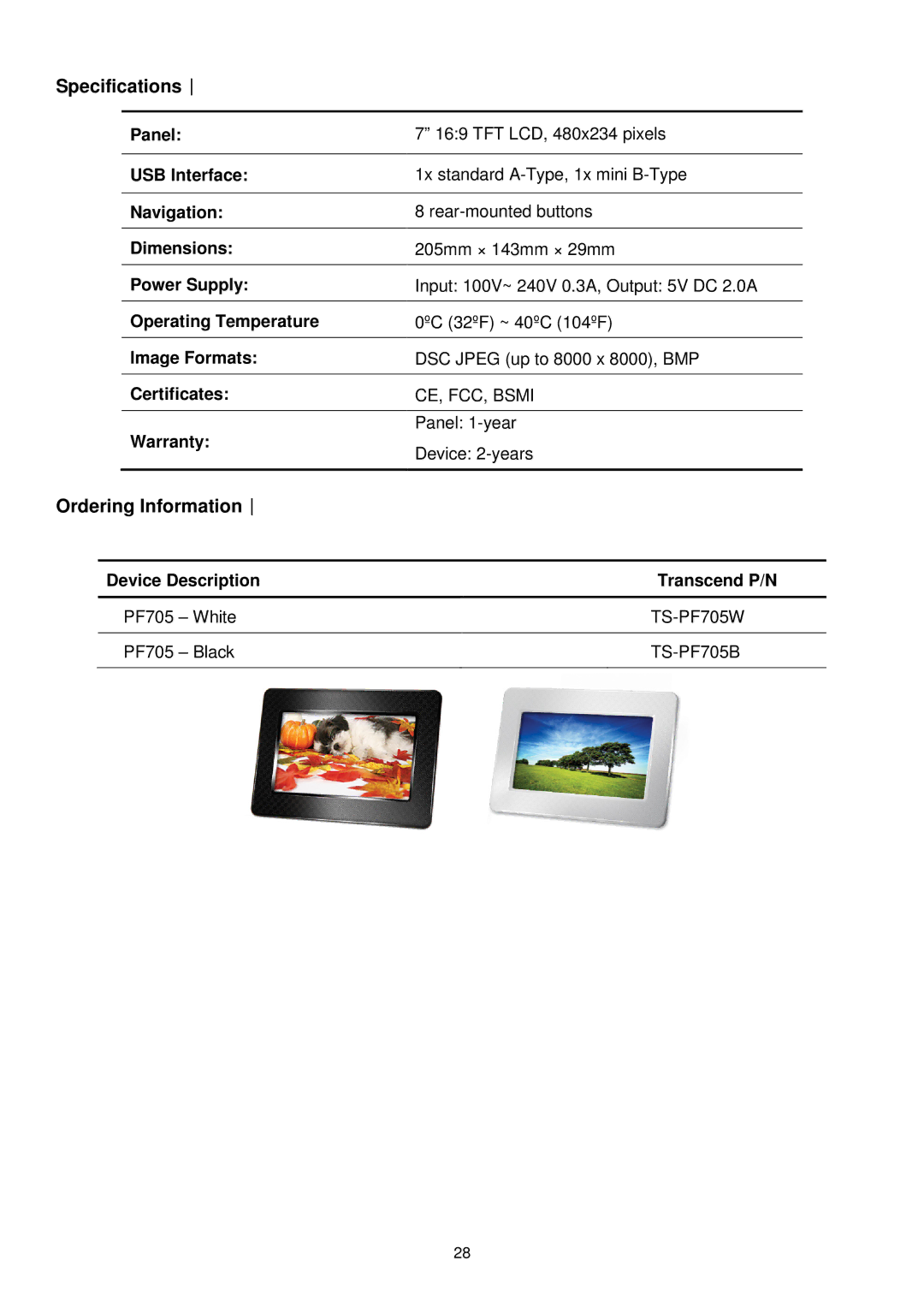 Transcend Information TS-PF705W, TS-PF705B user manual Panel 