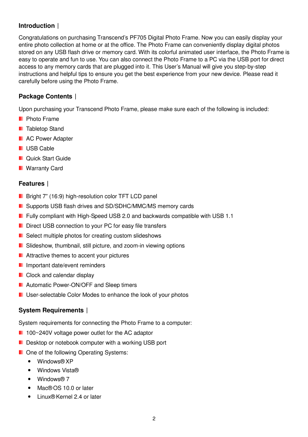 Transcend Information TS-PF705W, TS-PF705B user manual Introduction︱ 