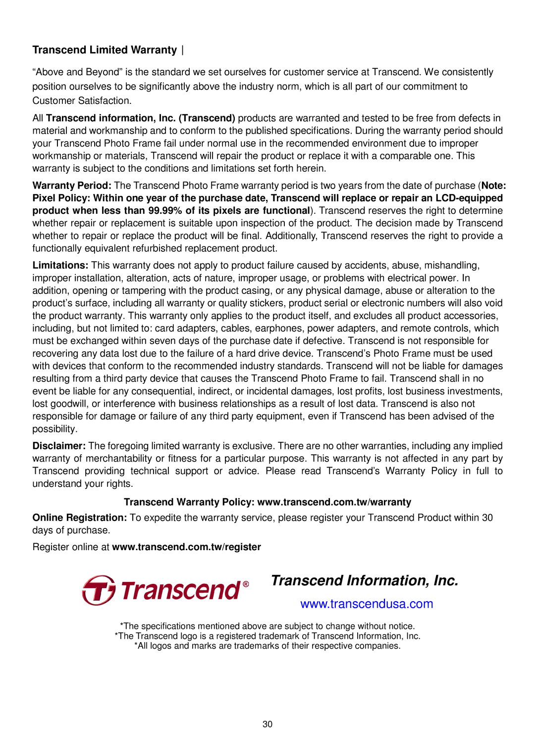 Transcend Information TS-PF705B, TS-PF705W user manual Transcend Information, Inc 