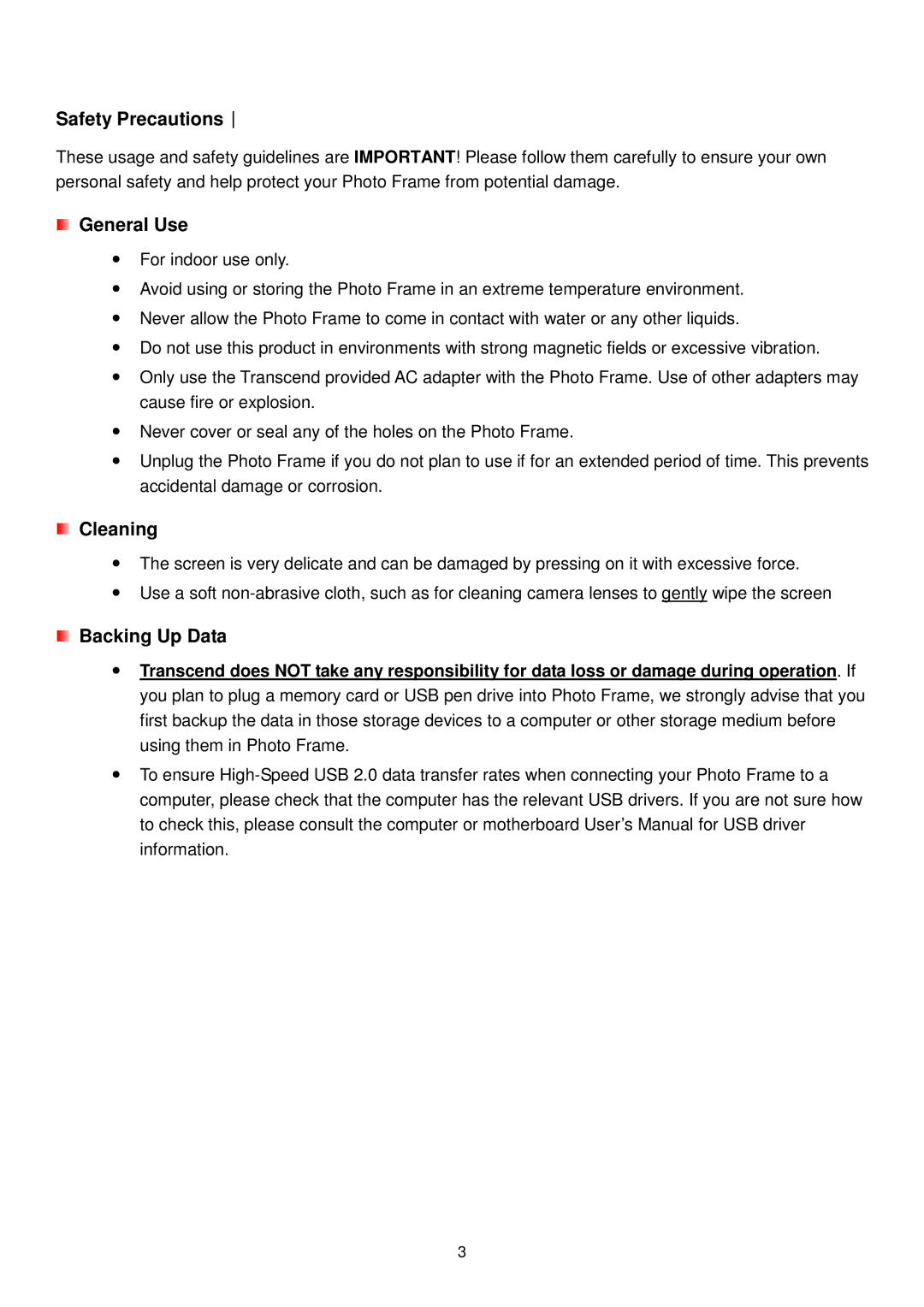 Transcend Information TS-PF705B, TS-PF705W user manual General Use, Cleaning, Backing Up Data 