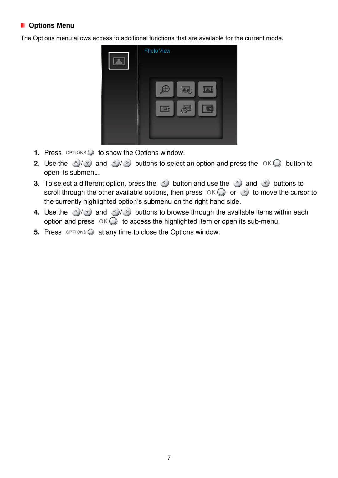 Transcend Information TS-PF705W, TS-PF705B user manual Options Menu 