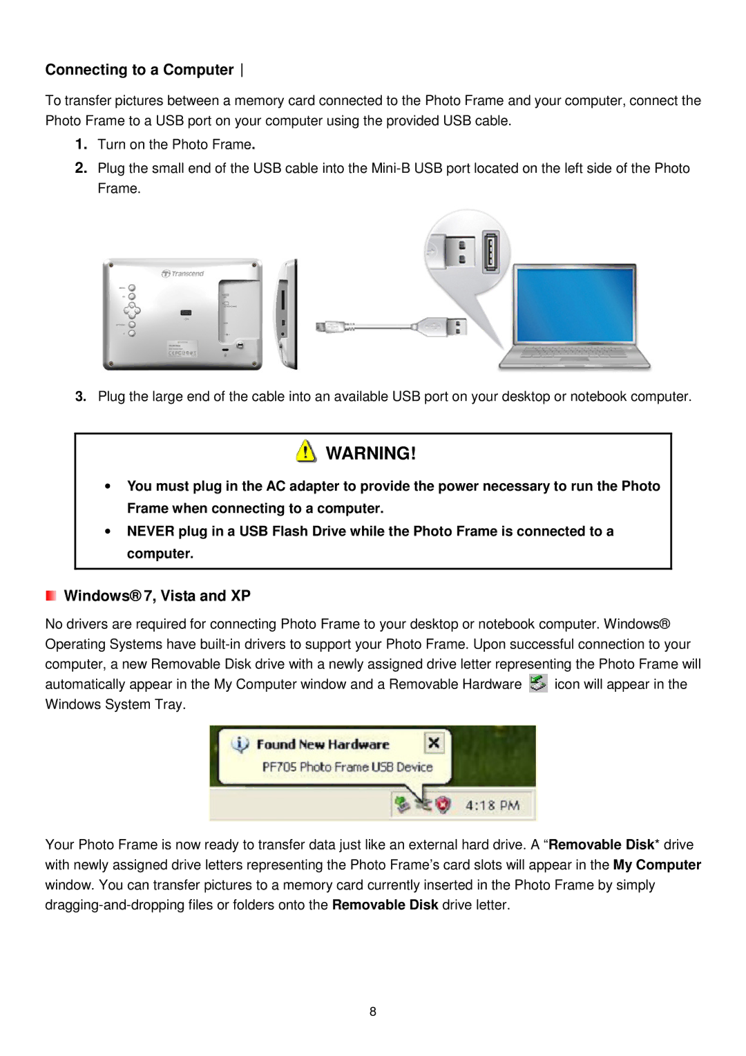 Transcend Information TS-PF705W, TS-PF705B user manual Connecting to a Computer︱, Windows 7, Vista and XP 