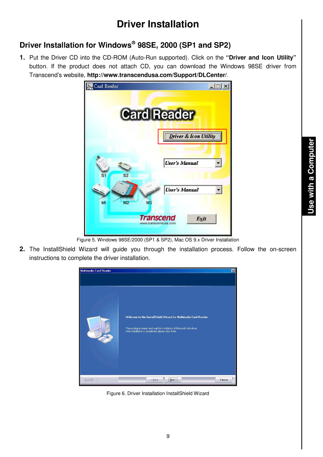 Transcend Information TS-RDM2, TS-RDM4, TS-RDM1, TS-RDM3 manual DriverInstallationforWindows98SE,2000SP1andSP2 