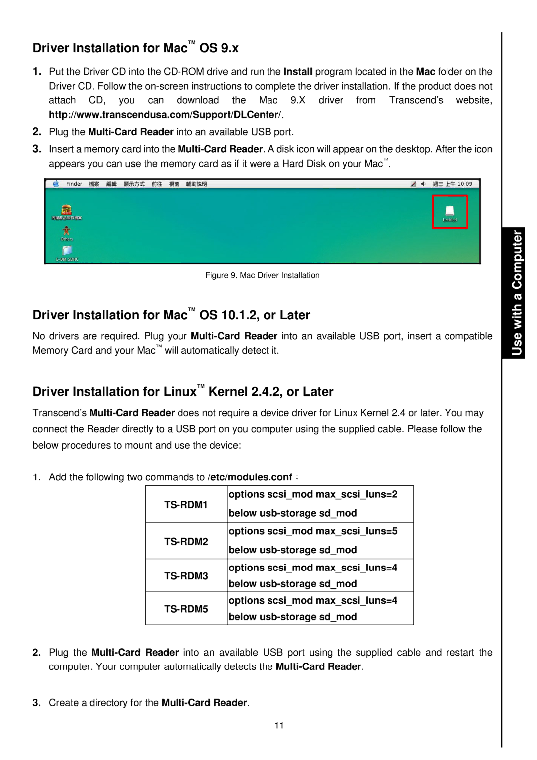 Transcend Information TS-RDM1, TS-RDM4, TS-RDM3 DriverInstallationforMacOS9.x, DriverInstallationforMacOS10.1.2,orLater 