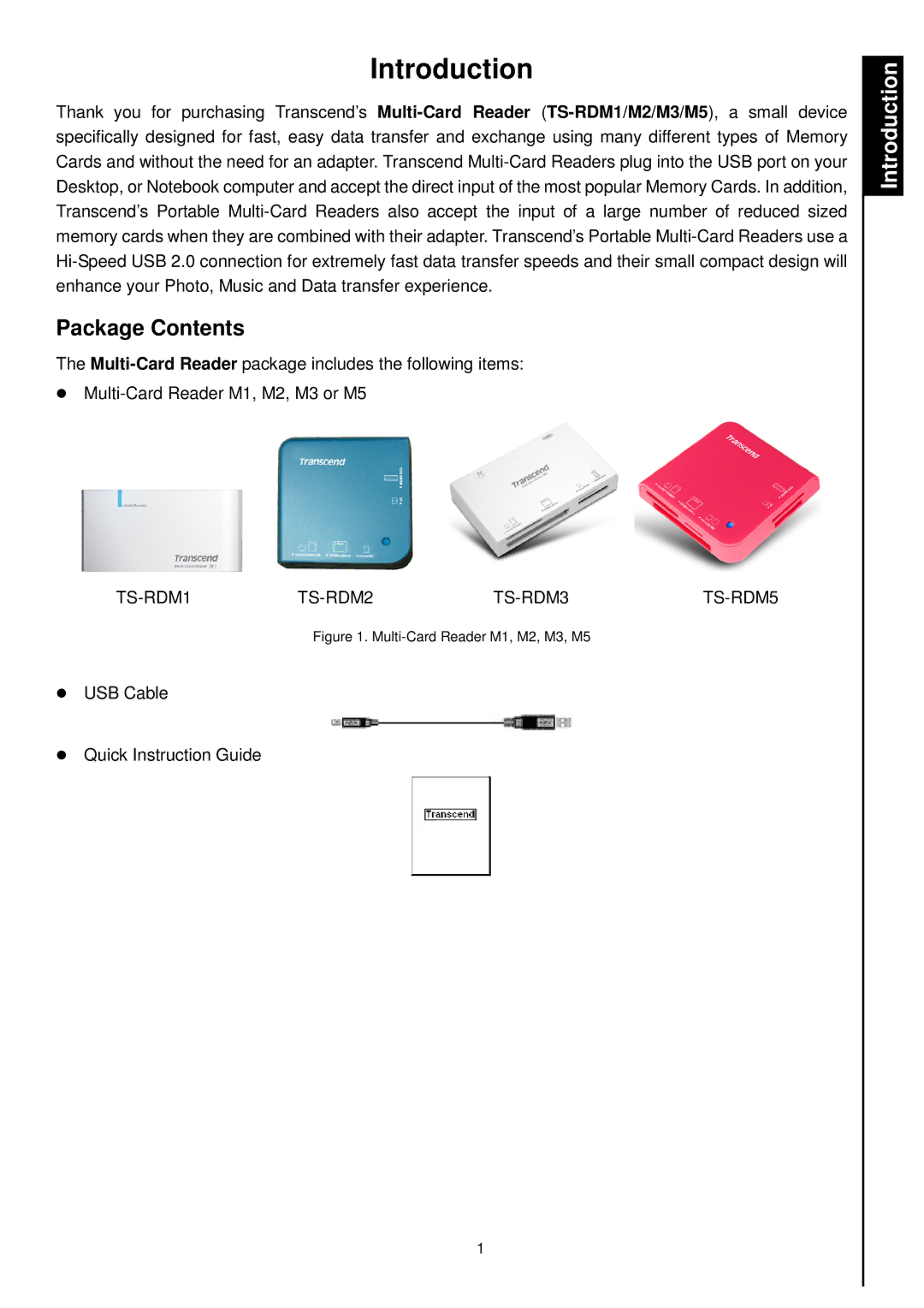 Transcend Information TS-RDM2, TS-RDM4, TS-RDM1, TS-RDM3 manual Introduction, PackageContents 