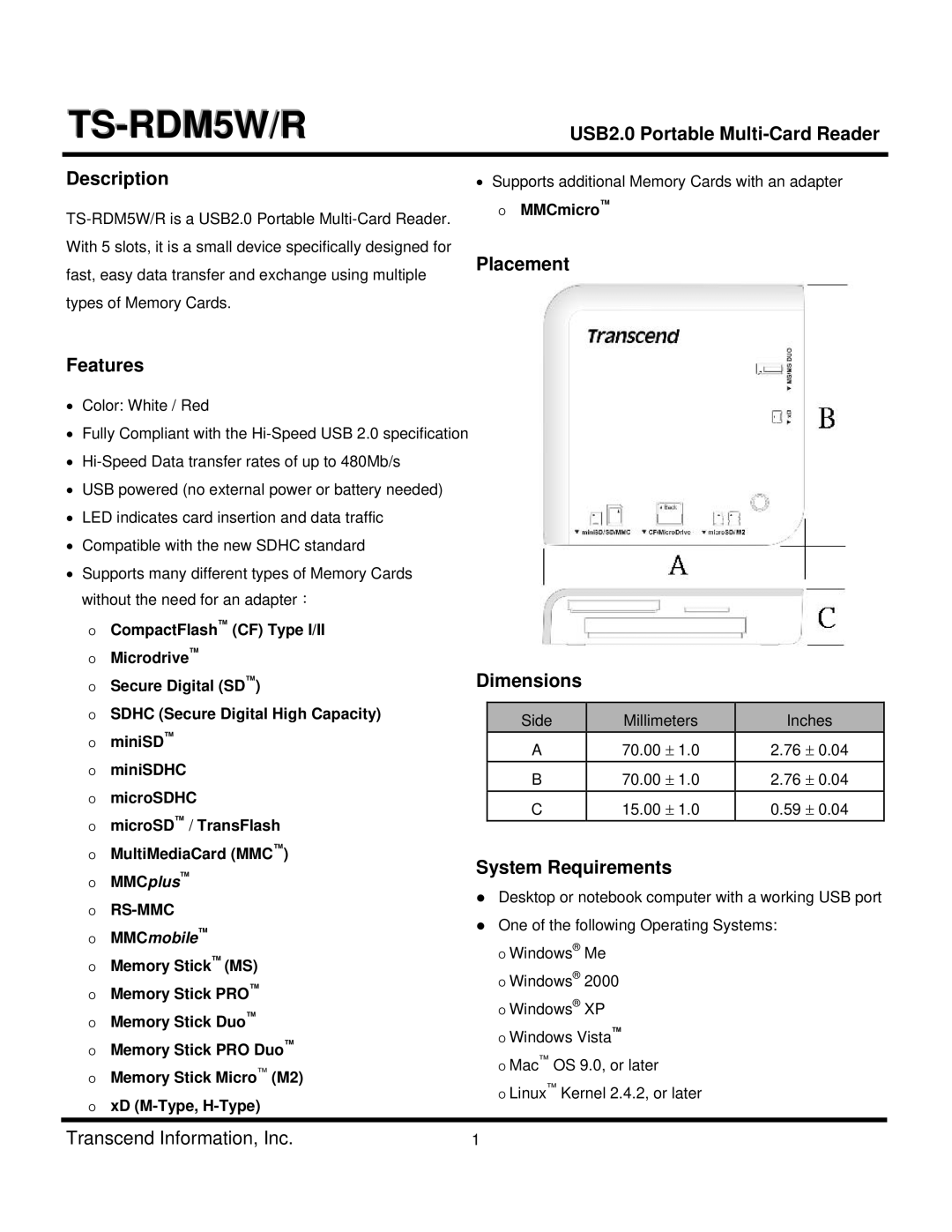 Transcend Information TS-RDM5W/R dimensions USB2.0 Portable Multi-Card Reader Description, Features, Placement, Dimensions 