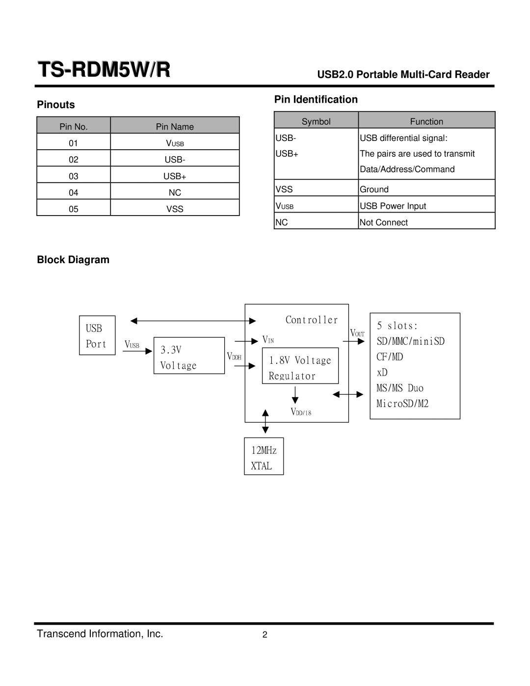 Transcend Information TS-RDM5W/R dimensions USB2.0 Portable Multi-Card Reader Pinouts Pin Identification, Block Diagram 