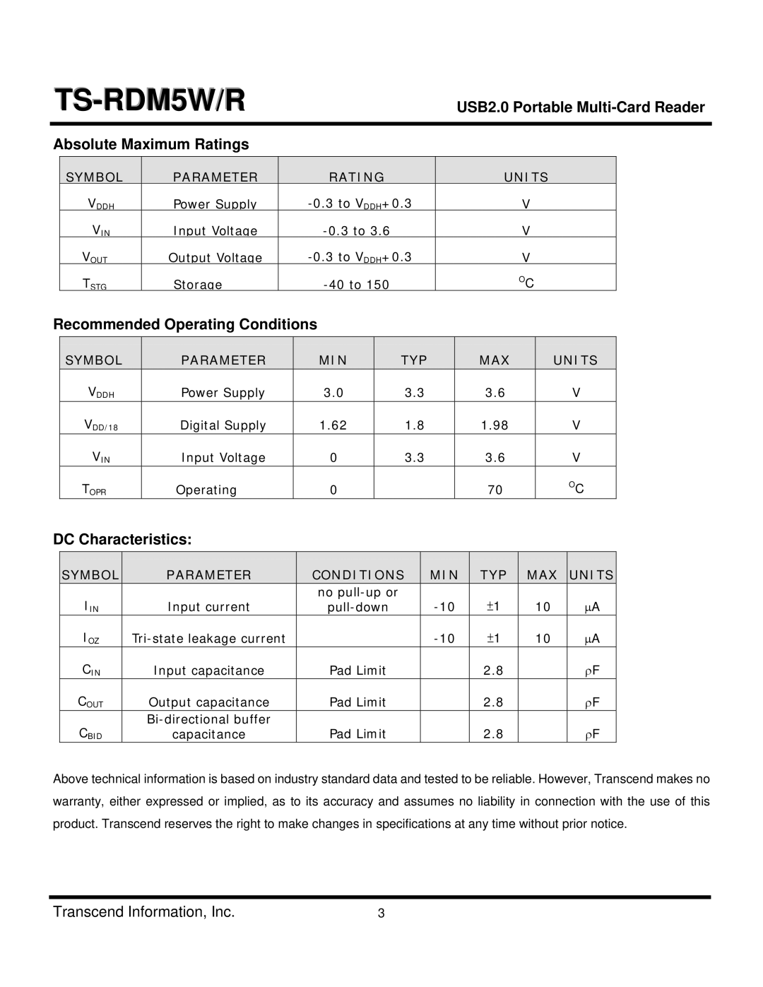 Transcend Information TS-RDM5W/R dimensions USB2.0 Portable Multi-Card Reader Absolute Maximum Ratings, DC Characteristics 