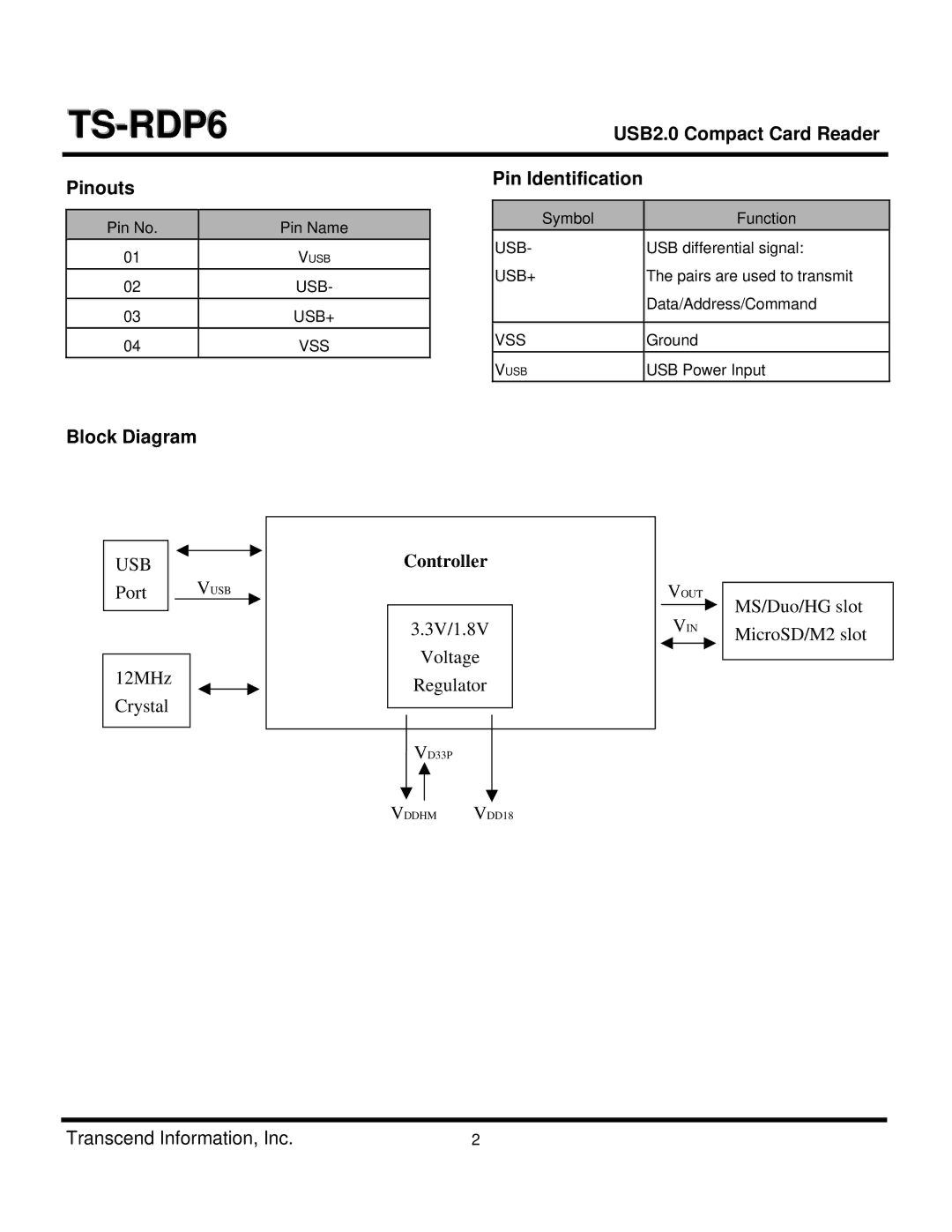 Transcend Information TS-RDP6 dimensions USB2.0 Compact Card Reader Pinouts Pin Identification, Block Diagram 