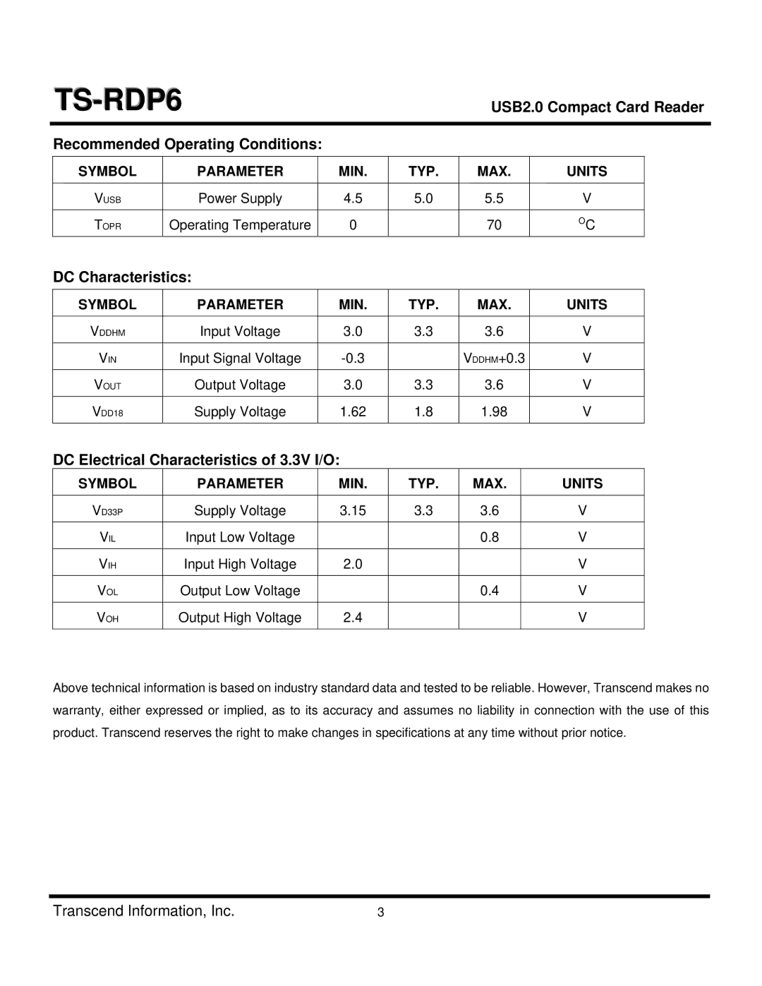 Transcend Information TS-RDP6 dimensions USB2.0 Compact Card Reader Recommended Operating Conditions, DC Characteristics 