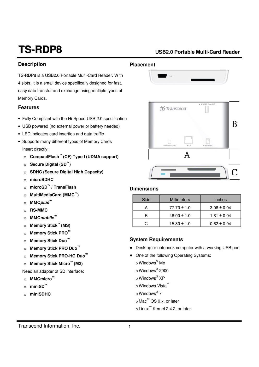 Transcend Information TS-RDP8 dimensions USB2.0 Portable Multi-Card Reader Description, Features, Dimensions 