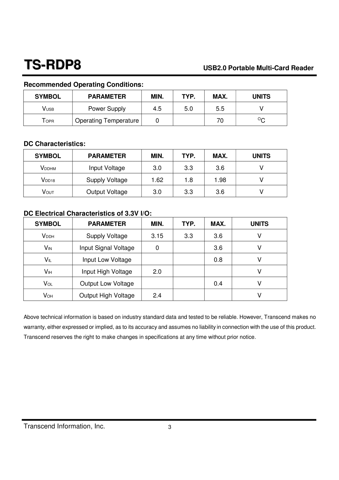 Transcend Information TS-RDP8 dimensions DC Characteristics, DC Electrical Characteristics of 3.3V I/O 