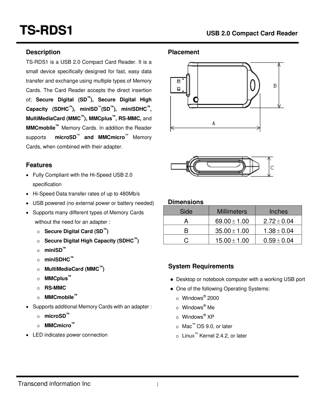 Transcend Information TS-RDS1 dimensions USB 2.0 Compact Card Reader Description, Features, Placement Dimensions 