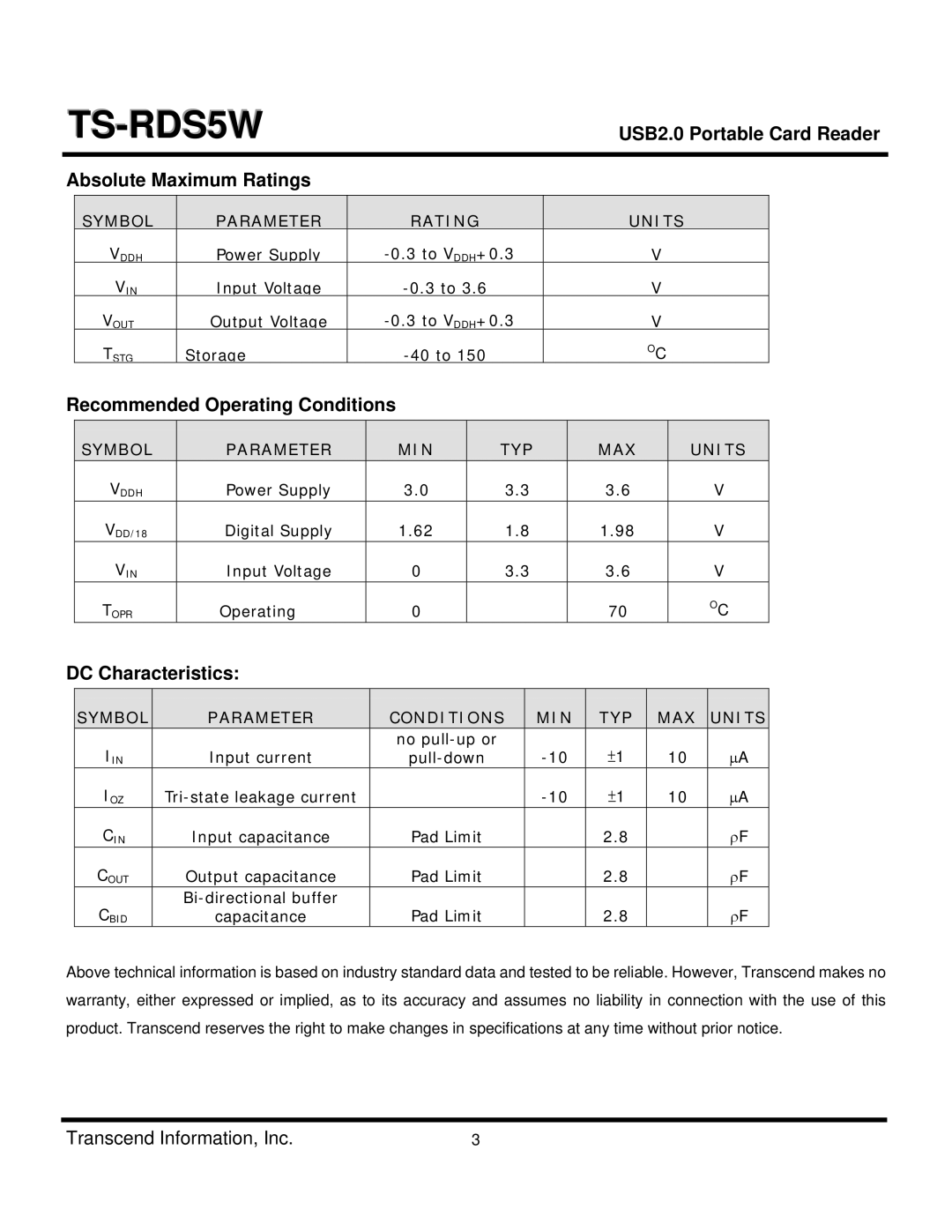 Transcend Information TS-RDS5W USB2.0 Portable Card Reader Absolute Maximum Ratings, Recommended Operating Conditions 