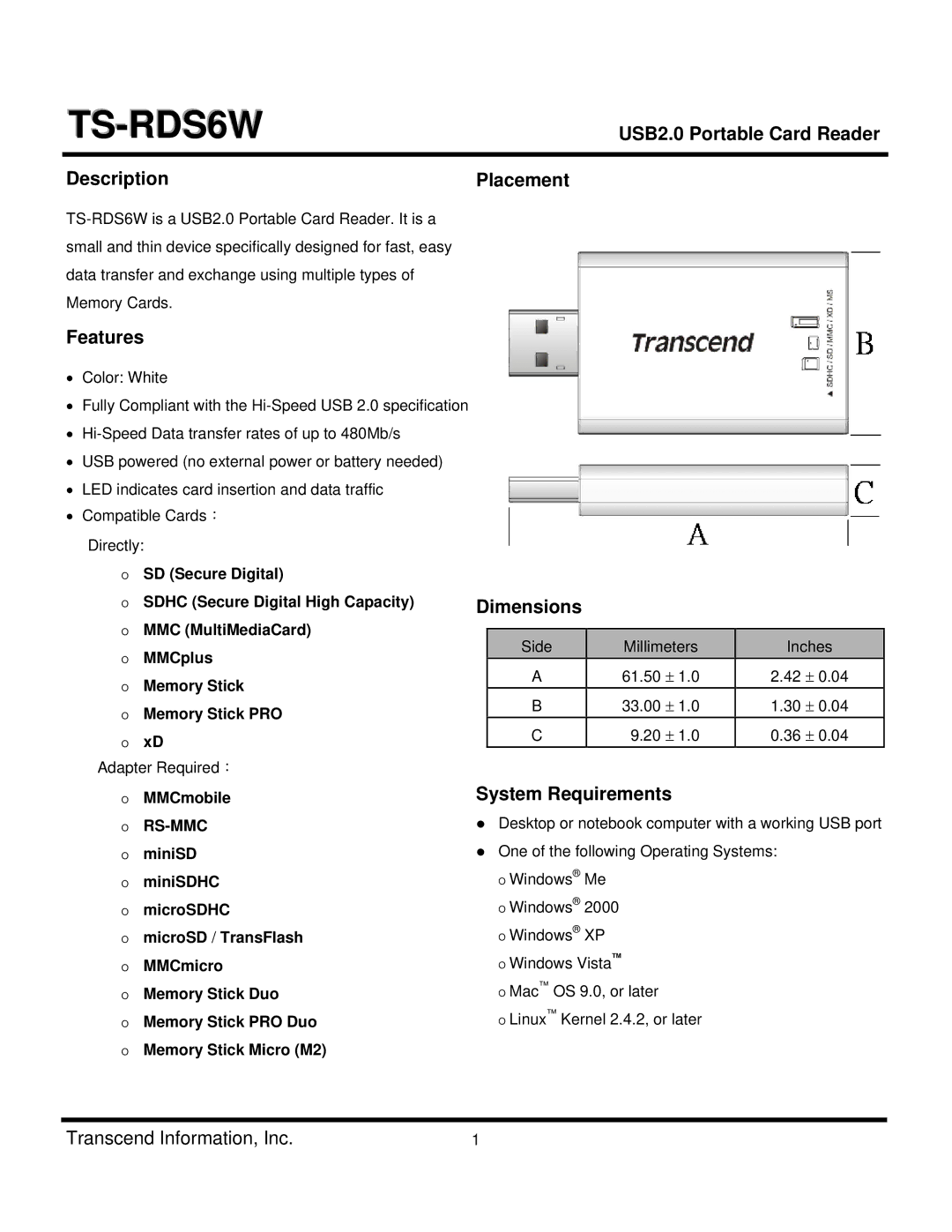 Transcend Information TS-RDS6W dimensions USB2.0 Portable Card Reader, Description Placement, Features, Dimensions 