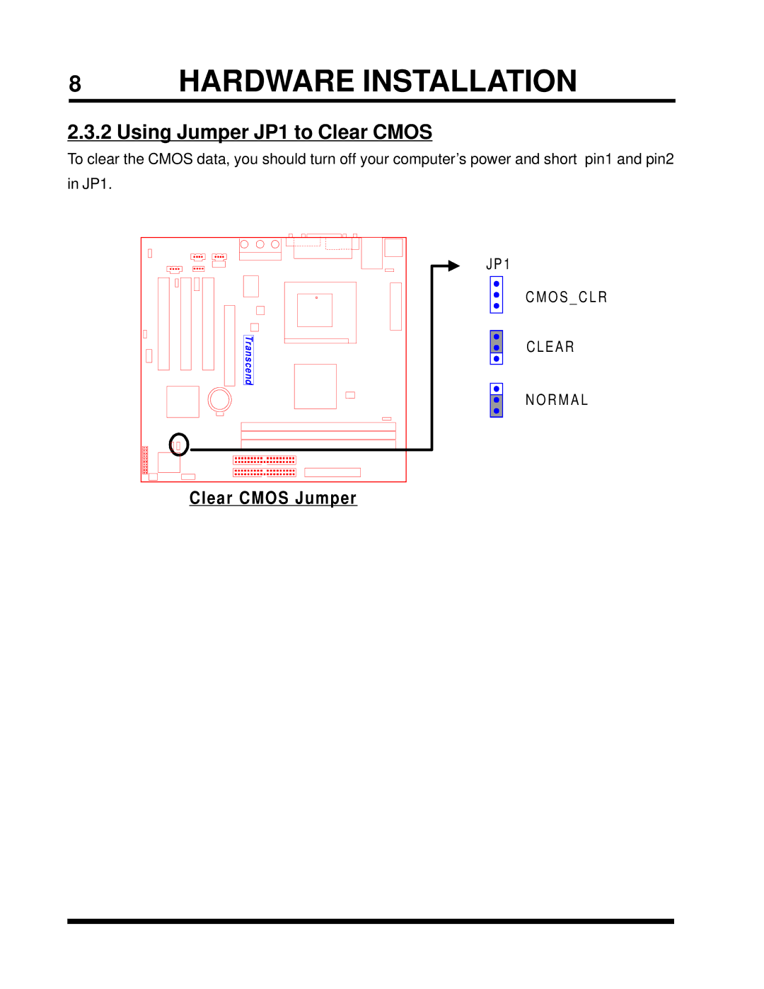 Transcend Information TS-USP3/N, TS-USL3 8HARDWARE Installation, Using Jumper JP1 to Clear Cmos, Clear Cmos Jumper 