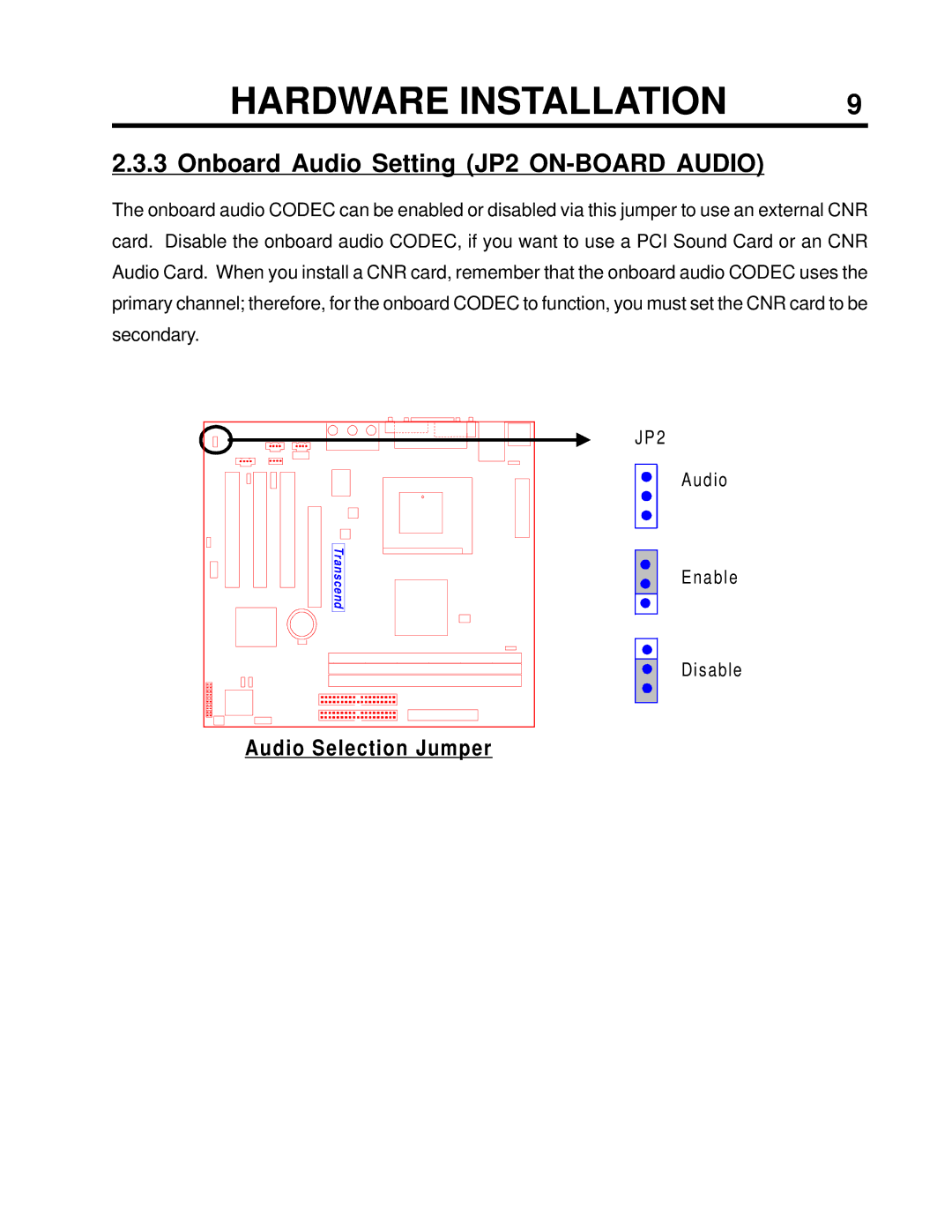 Transcend Information TS-USP3/N, TS-USL3/N user manual Onboard Audio Setting JP2 ON-BOARD Audio, Audio Selection Jumper 