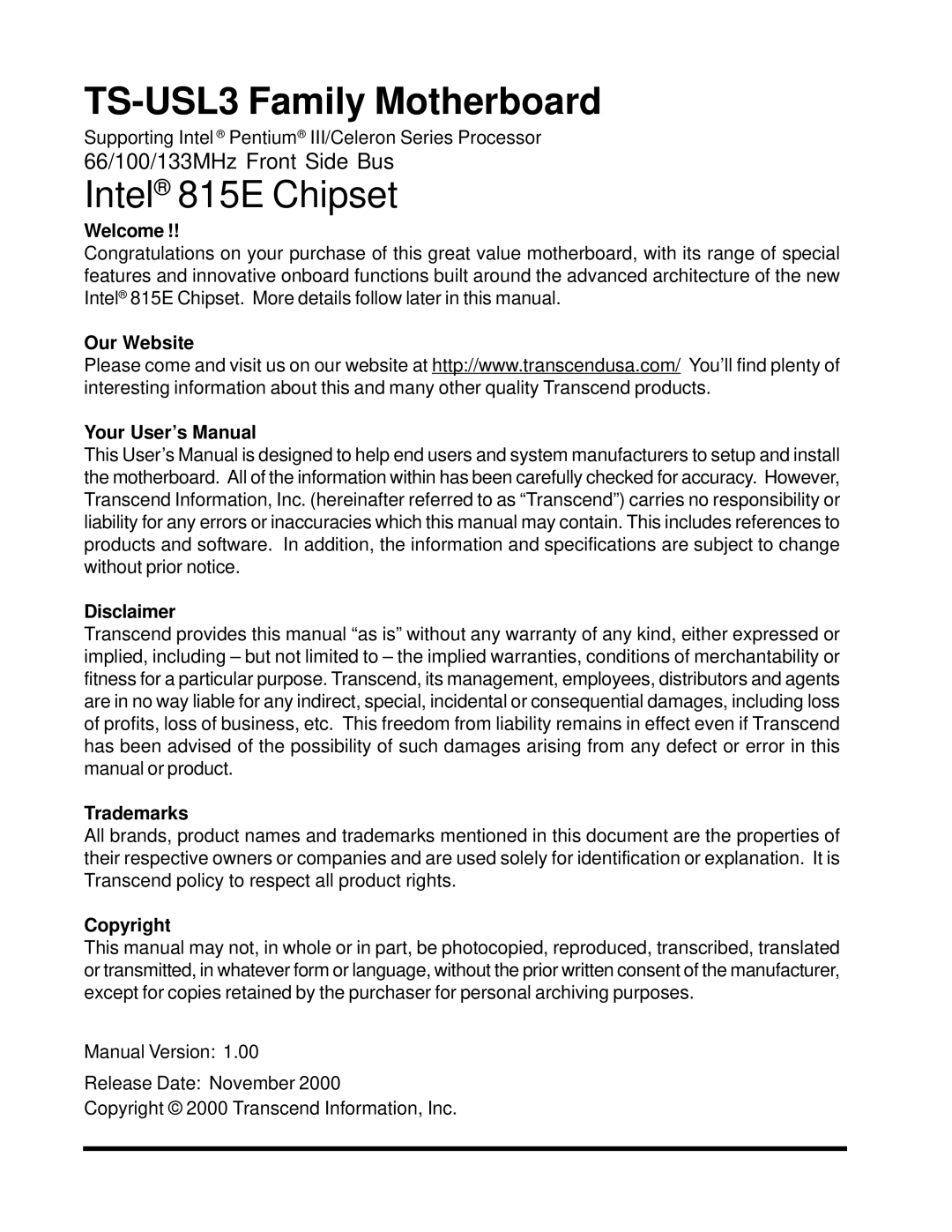 Transcend Information TS-USL3/N, TS-USP3/N user manual TS-USL3 Family Motherboard 