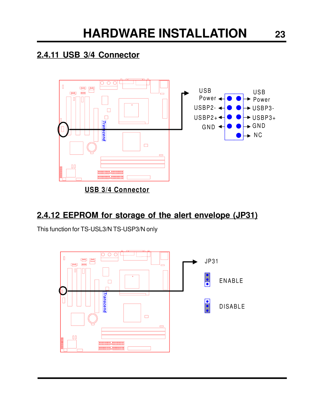 Transcend Information TS-USP3/N, TS-USL3/N USB 3/4 Connector, Eeprom for storage of the alert envelope JP31 