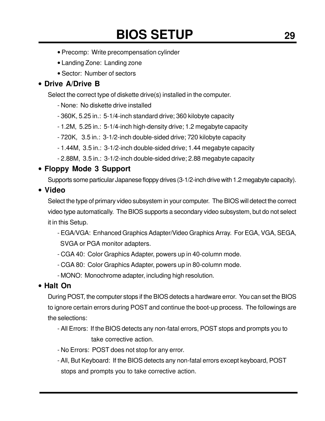 Transcend Information TS-USP3/N, TS-USL3/N user manual Drive A/Drive B, Floppy Mode 3 Support, Video, Halt On 