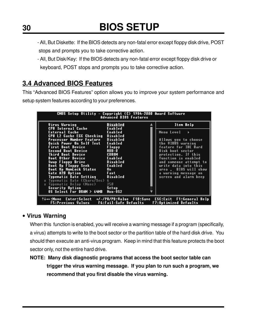 Transcend Information TS-USL3/N, TS-USP3/N user manual Advanced Bios Features, Virus Warning 