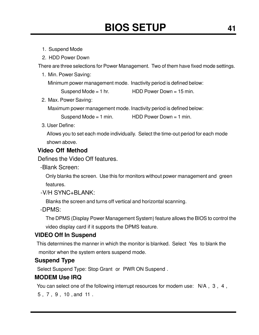 Transcend Information TS-USP3/N, TS-USL3/N Video Off Method, Video Off In Suspend, Suspend Type, Modem Use IRQ 